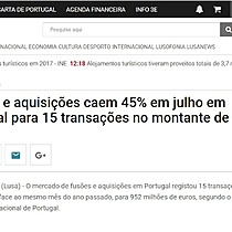 Fuses e aquisies caem 45% em julho em Portugal para 15 transaes no montante de 952 ME